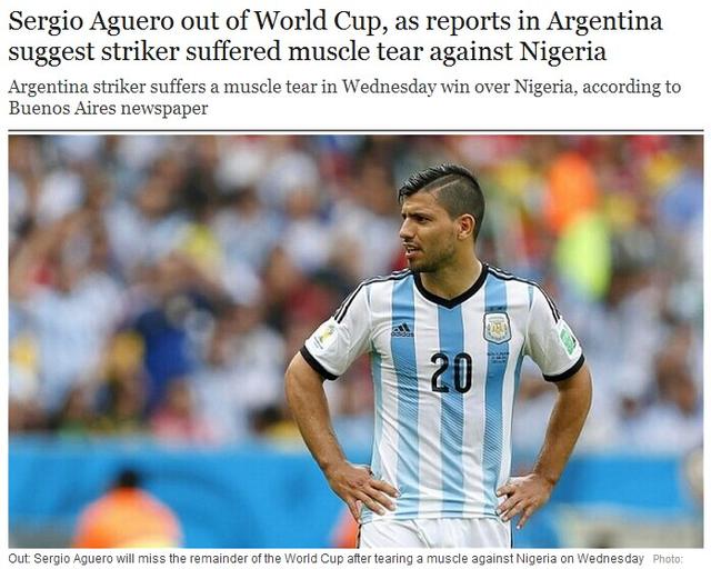 阿奎罗肌肉撕裂 世界杯报销