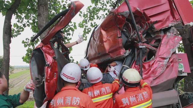 荆州一挂车避让"小龙虾"撞树 钢管插入司机腹部