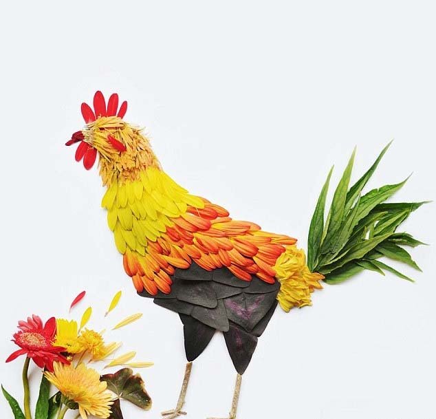 艺术家用花瓣拼接造型百变飞禽