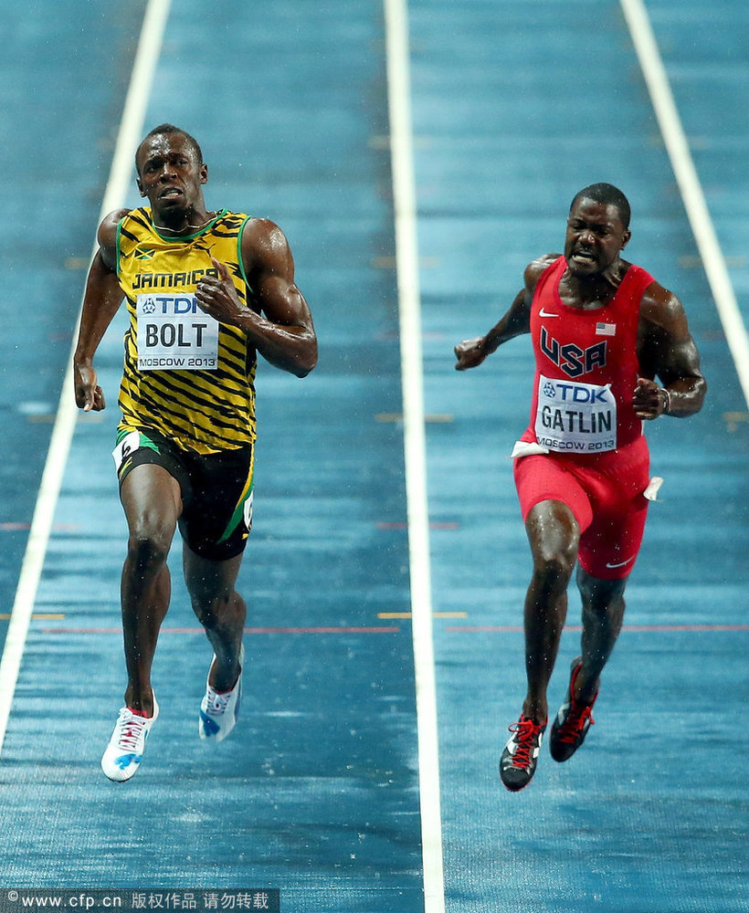 高清:世锦赛百米大战 博尔特逆转加特林夺冠