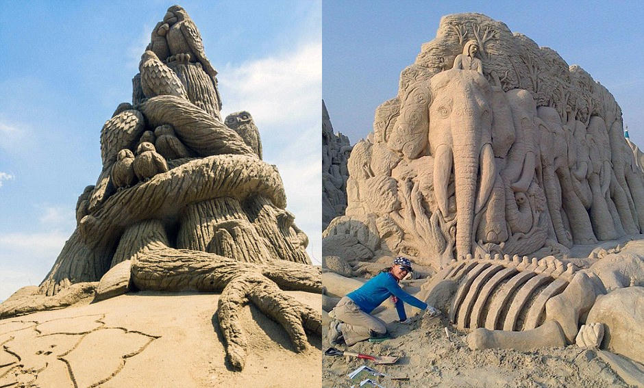 欧洲雕刻家夫妇环游世界 各地留下巨幅沙雕