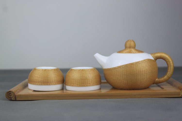 新品华美瓷胎 竹编上下 茶具 云白瓷 景德镇 功夫茶壶 个人整套1壶6杯