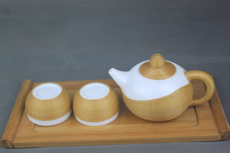 新品华美瓷胎 竹编上下 茶具 云白瓷 景德镇 功夫茶壶 个人整套1壶6杯