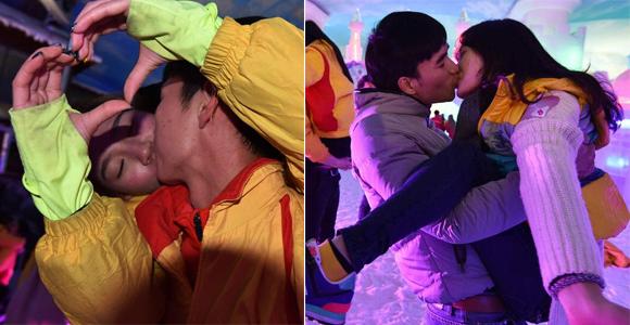 深圳接吻大赛 情侣冰天雪地秀奇葩吻姿