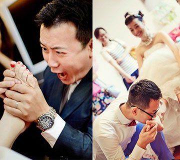 结婚抢亲要吻脚板 老公表情亮了