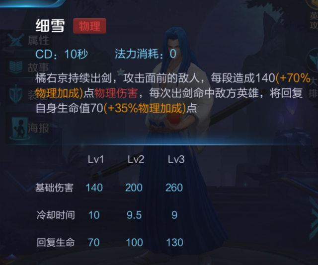 细雪:橘右京的大招,持续性的攻击伤害,对应的生命恢复以及短暂的冷却