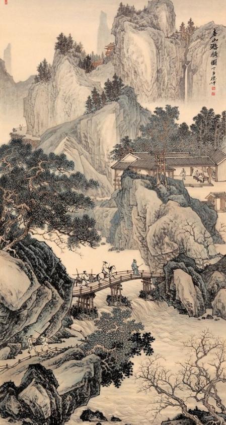 精品仿古画 林德坤四尺竖幅国画《春山游骑图【来源:易从网】