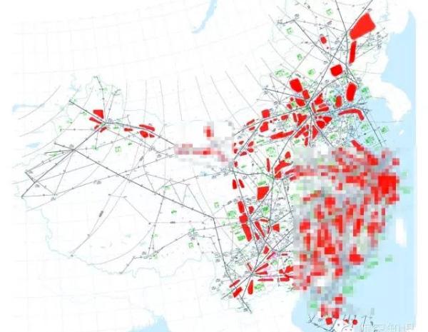 《航空知识》公众号发布的中国高空空域航线图,红色部分为飞行管制