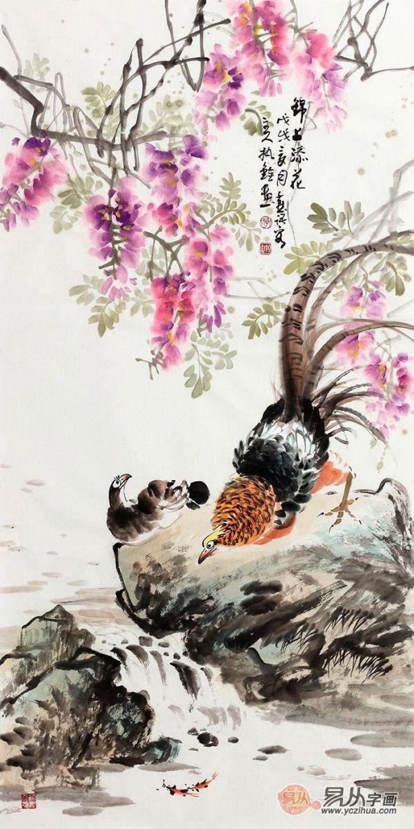 郭执铨紫藤锦鸡图《锦上添花》(作品来源:易从网)人人都希望生活吉祥