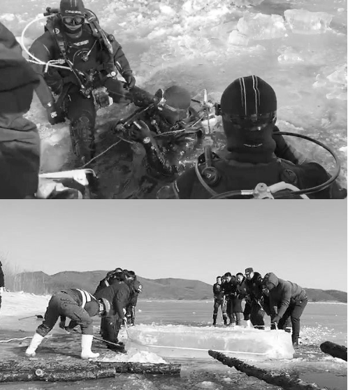 三轮车坠入水库 救援人员潜入12米深水底破冰捞车