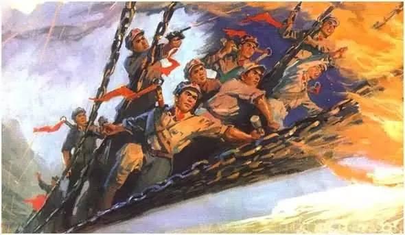 描述飞夺泸定桥场景的油画.