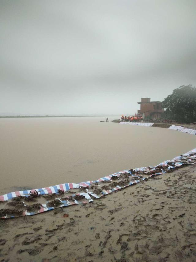 洪水水位很高,加固加高后的堤坝仍安然无恙.