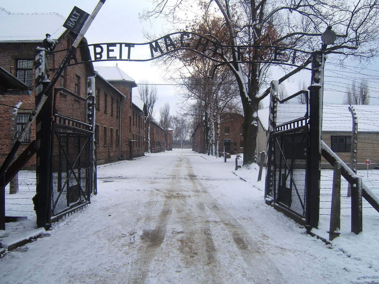 奥斯威辛集中营入口处,门上挂着德语:arbeit macht frei标志,意即