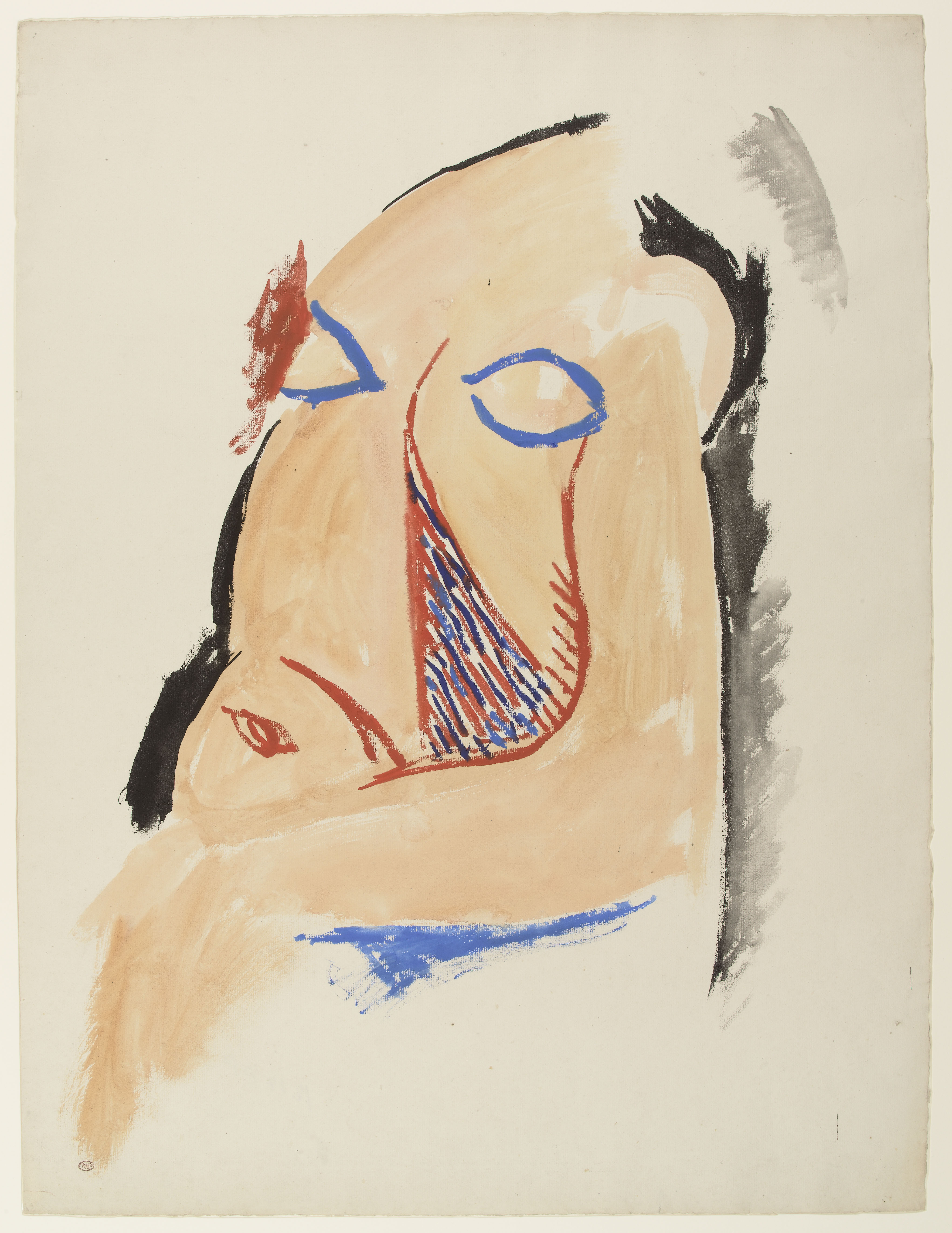 《〈阿维尼翁的少女〉习作：蹲下的女子头像》，巴黎，1907年6月至7月，纸上水粉画，63x48cm，国立巴黎毕加索博物馆，版权声明 Succession Picasso 2019