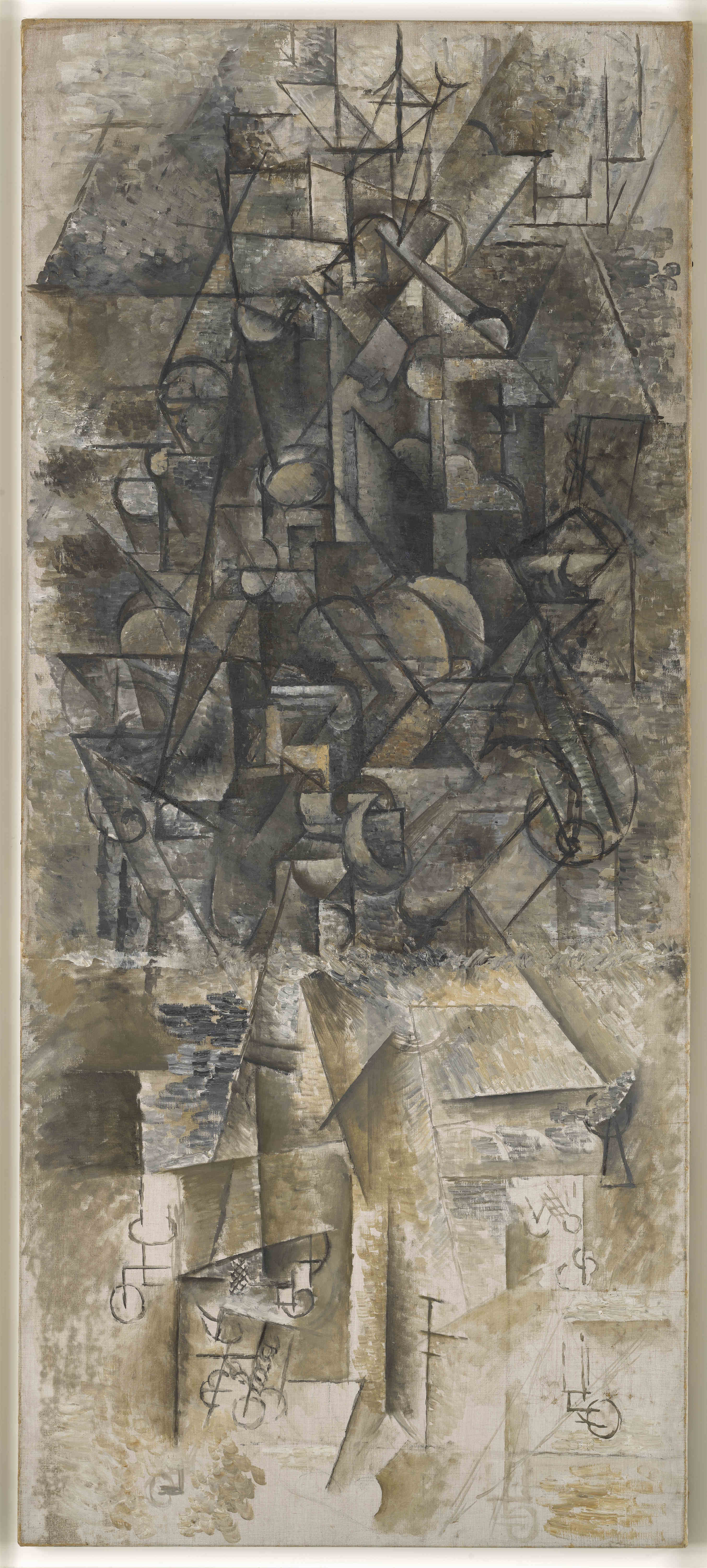 《弹曼陀林的男子》，巴黎，1911年秋，布面油画，162x71cm，国立巴黎毕加索博物馆 版权声明 Succession Picasso 2019