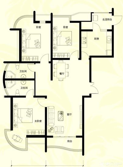 三室两厅两卫,建筑面积约140.85平方米