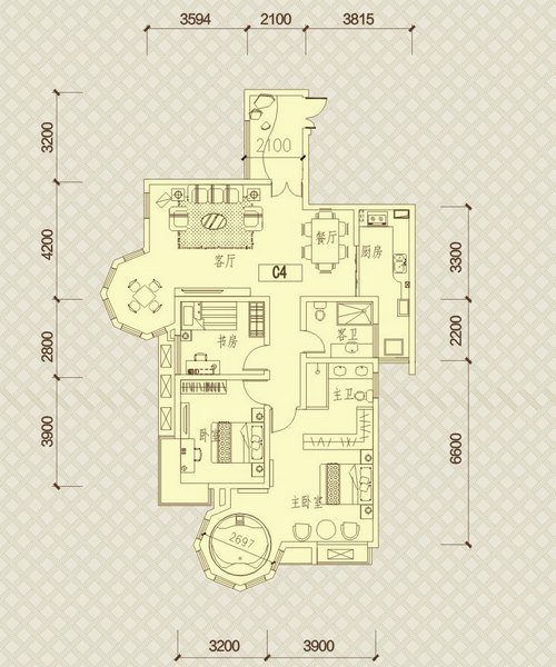 5平米 三室兩廳兩衛兩陽臺 入戶花園 此戶型不愧為陽光戶型,外部窗戶