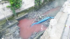 绍兴世茂湖滨商业区这条小河水为何发红发臭？